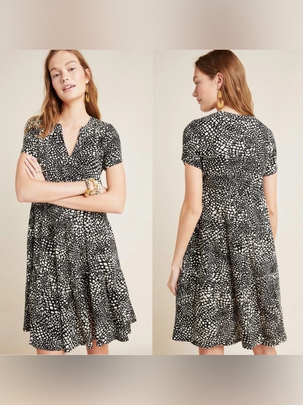 Maeve Anthropologie Sacha Tiered Tunic Dress Black White Dot Medium M NWOT